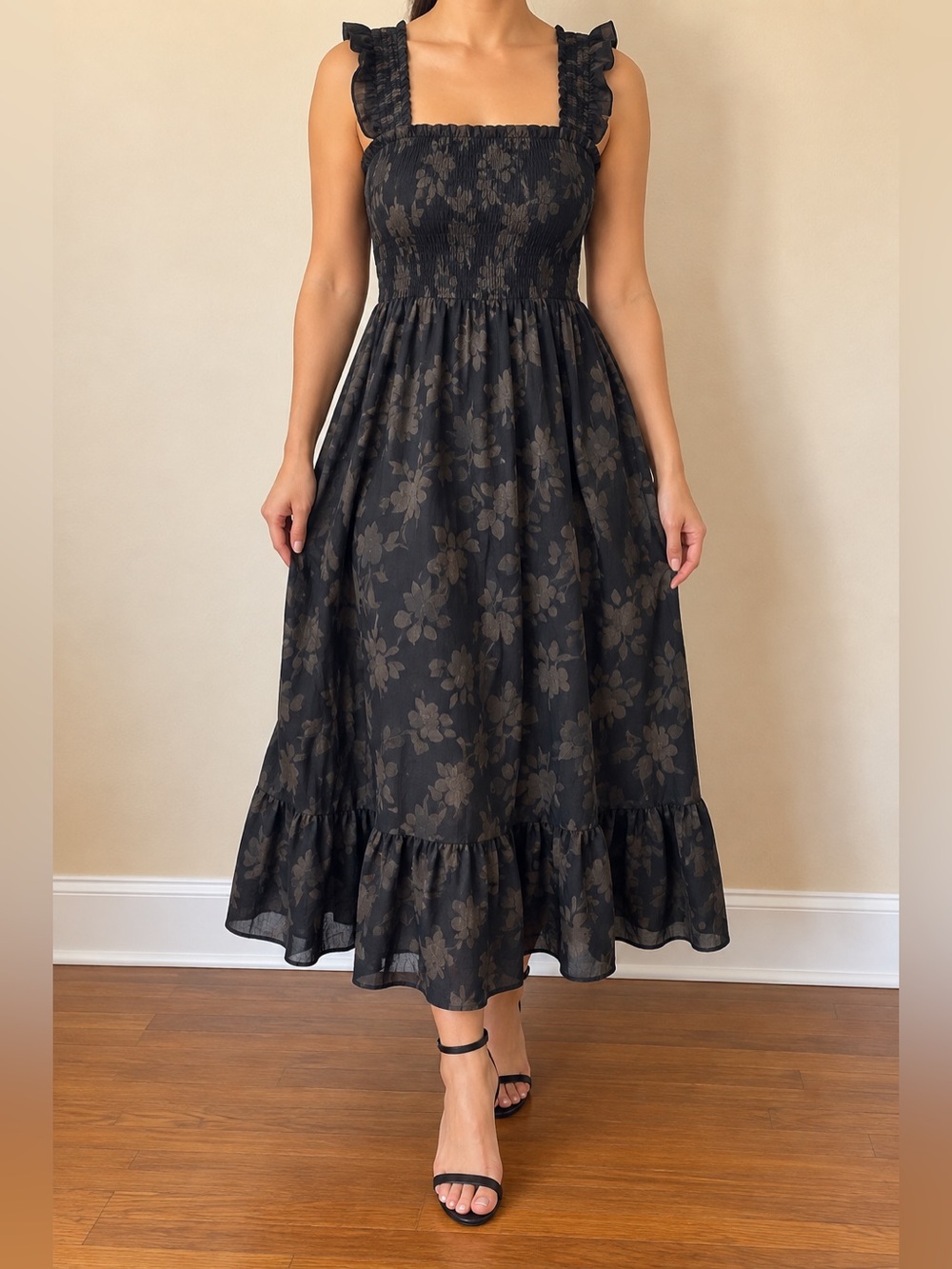 Women's Black Floral Maxi Dress with Ruffle Straps